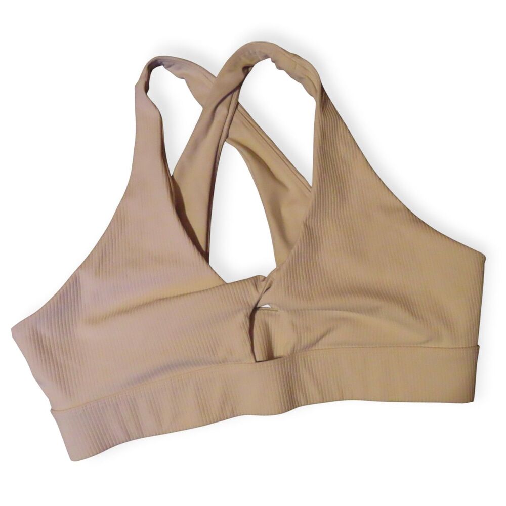Fabletics Sports Bra XL Beige Ribbed Cross Back